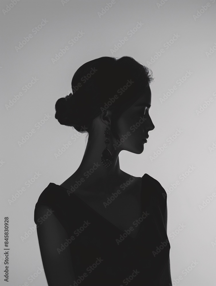 A striking cover photo for a fashion magazine featuring a completely black silhouette of a woman facing the camera A striking cover photo for a fashion magazine featuring a completely black silhouette of a woman facing the camera