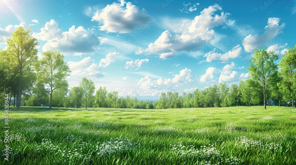 Obraz premium Vibrant spring nature backdrop with a pristine, neatly trimmed lawn and lush trees under a clear blue sky adorned with soft clouds on a sunny day 