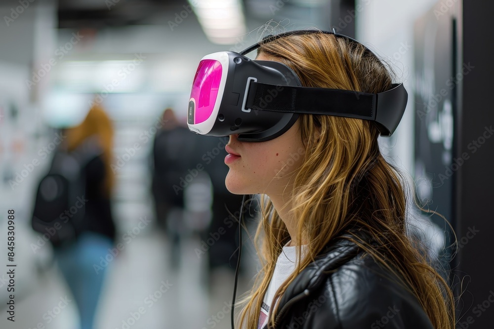 A woman with a virtual reality headset on is standing in a public area with people in the background