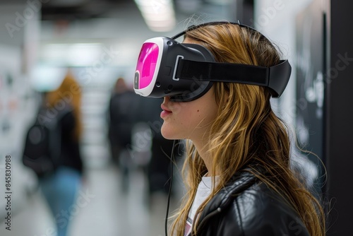 A woman with a virtual reality headset on is standing in a public area with people in the background