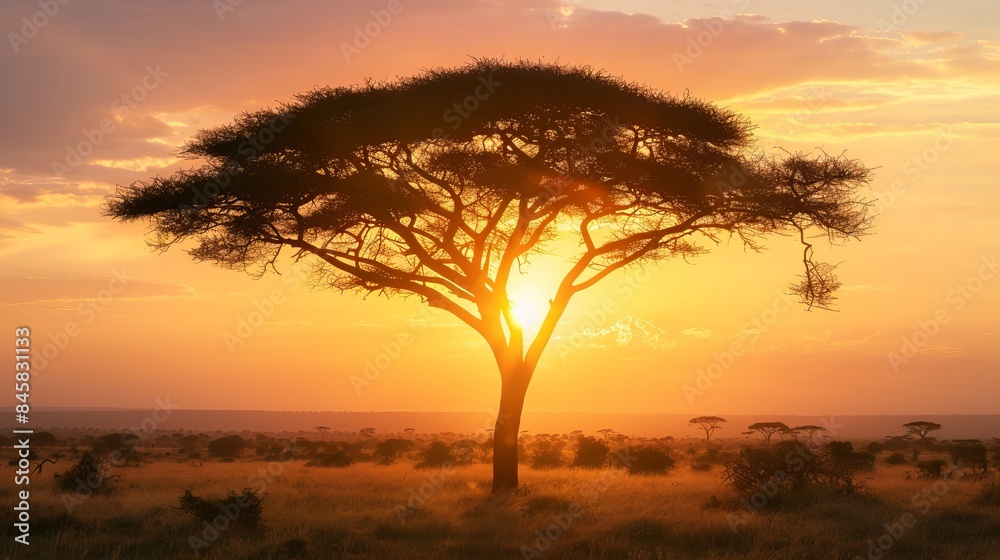 Obraz premium A tree in the sunset with the sun setting behind it