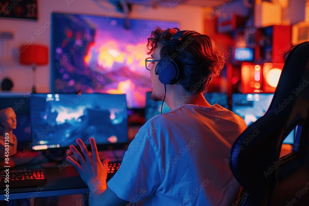 The side profile of a gamer wearing headphones, playing intensely on a computer in a vibrant gaming room setup