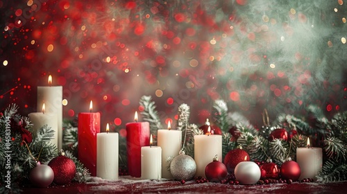 Red and white festive candles against a backdrop of red and green textures