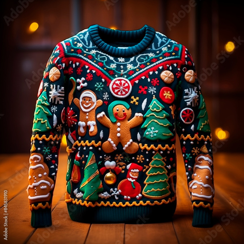 An ugly Christmas sweater featuring a hodgepodge of festive symbols on a dark wooden background,the concept of a festive Christmas party and greeting cards photo