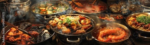 Several pans of food cooking on a grill with smoke coming out, korean food