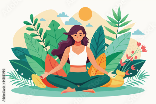 A woman meditates in a peaceful forest setting with lush green foliage, vibrant flowers, and a bright sun shining in the sky.