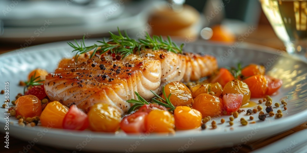 A close up of a plate of food with salmon and vegetables on a table A close up of a plate of food with salmon and vegetables on a table