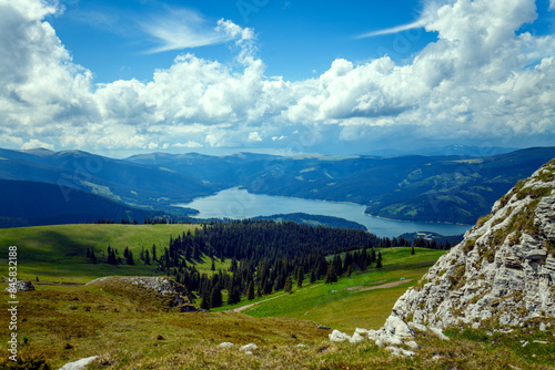 Vidra Lake, aerial panorama, Fratosteanu Mountain
 photo