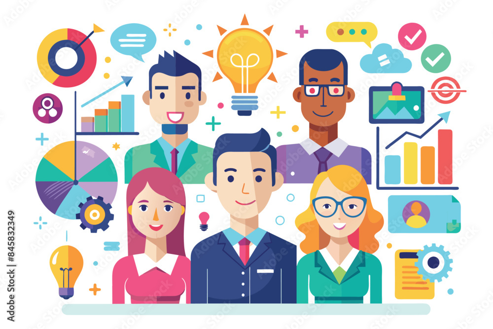 An illustration depicting a diverse team of professionals working together on a project, surrounded by various data visualization elements and symbols representing ideas and growth. An illustration depicting a diverse team of professionals working together on a project, surrounded by various data visualization elements and symbols representing ideas and growth.
