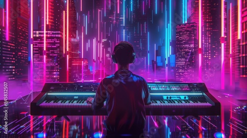 A person playing a synthesizer in a neon futuristic cityscape, glowing with vibrant colors and cyberpunk aesthetics.