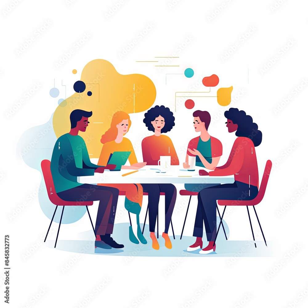 flat vector style illustration, a diverse group of people talking and collaborating, on white background 