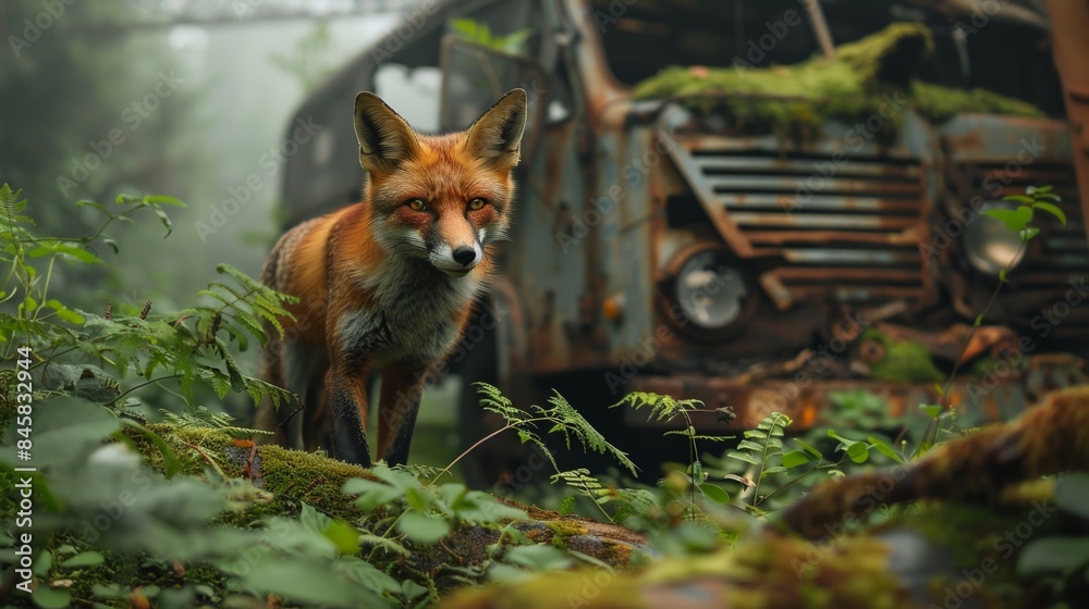 Naklejka premium Red fox with abandoned military base debris with green plants growing. Post apocalypse scene.