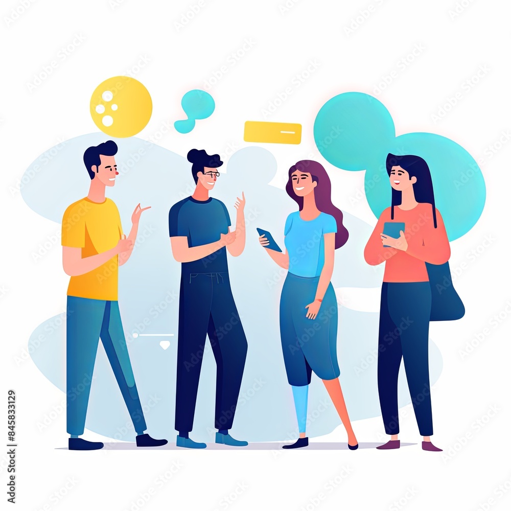 flat vector style illustration, a diverse group of people talking and collaborating, on white background flat vector style illustration, a diverse group of people talking and collaborating, on white background