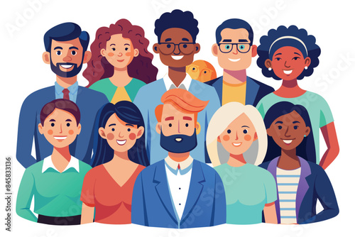 A cartoon illustration featuring a diverse group of smiling people standing together, representing different genders, ethnicities, and ages.