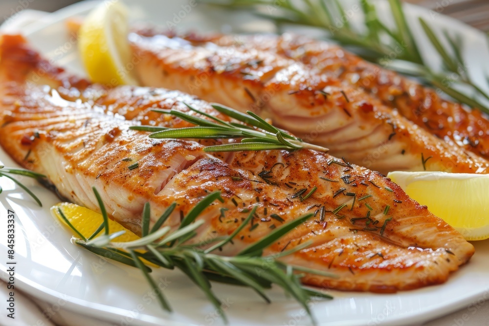 Red fish fillet with lemon and rosemary on a plate