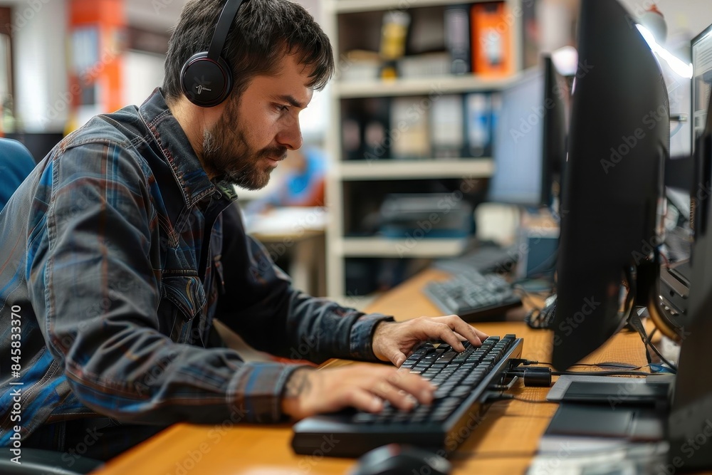 Man with headphones is intensively typing on a keyboard while working with a computer Man with headphones is intensively typing on a keyboard while working with a computer