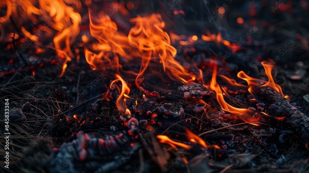 Close-up of Flames Consuming Dry Grass - An intense close-up of flames consuming dry grass, creating a fiery, chaotic scene. Close-up of Flames Consuming Dry Grass - An intense close-up of flames consuming dry grass, creating a fiery, chaotic scene.