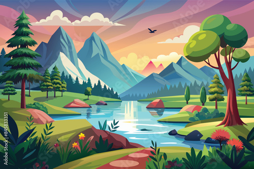 A colorful illustration of a picturesque mountain lake at sunset with lush greenery, a tranquil stream, and a single bird flying overhead.