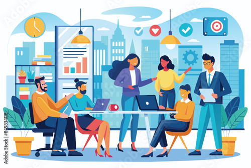 A diverse team of five professionals is working together in a modern office setting. They are discussing plans and ideas while using laptops and other office supplies.