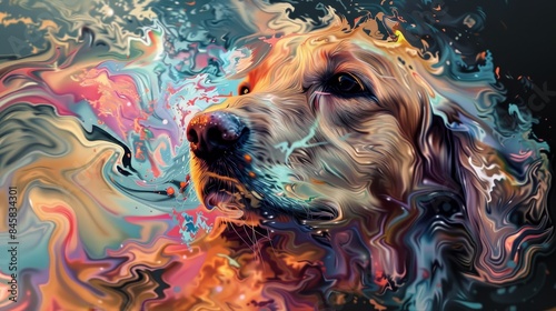 Golden Retriever in a Swirl of Color - A close-up of a Golden Retriever's face, in a vibrant abstract style with swirling colors.