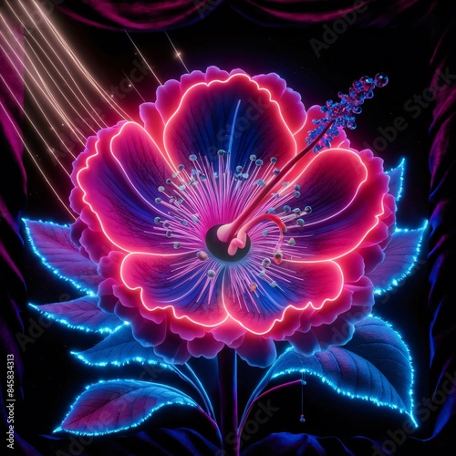 vibrant neon colored flower, shades of pink, purple and blue. petals are detailed with radiant glow. background is depp black, bright streaks of light the sun or a star. stamen and pistil displayed. photo