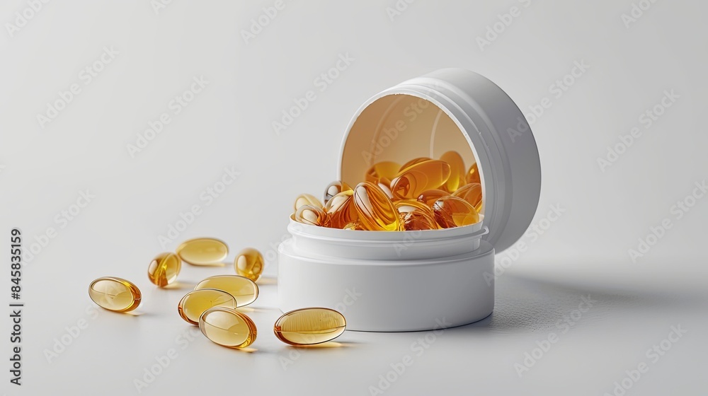 Essential oil in gel capsule fish oil dietary supplement drug next to container bottle Essential oil in gel capsule fish oil dietary supplement drug next to container bottle
