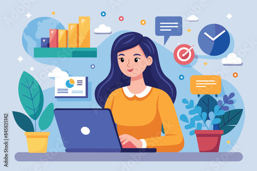 An illustration of a woman working on her laptop with business charts and graphs in the background. She is sitting at a desk with plants on either side of her.