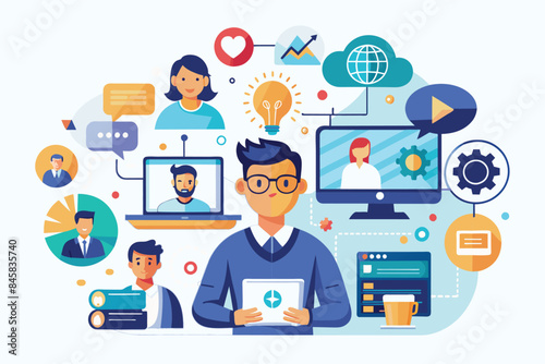 A cartoon illustration of a businessman using a tablet during an online video conference with his team.