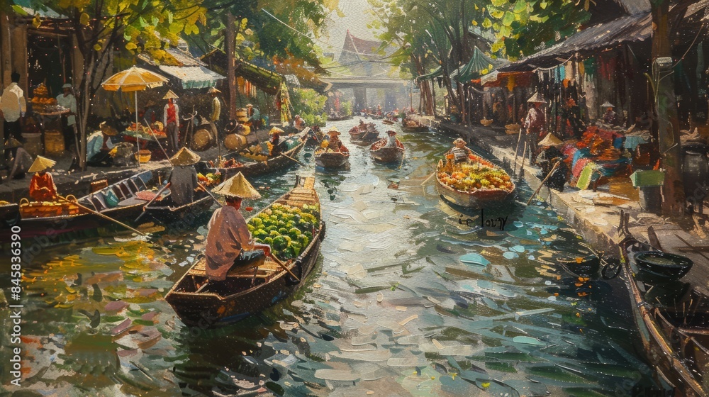 Obraz premium Vibrant floating market scene with traditional dugout canoes laden with fresh produce and goods in a serene waterway setting