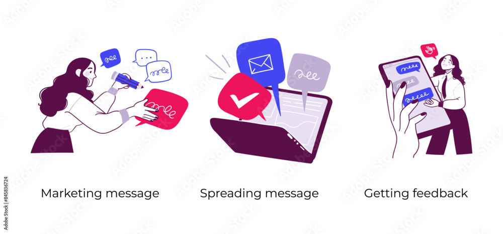 Content Management, managing SMM strategy processes and market analysis - set of business concept illustrations. Visual stories collection.