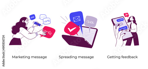 Content Management, managing SMM strategy processes and market analysis - set of business concept illustrations. Visual stories collection.