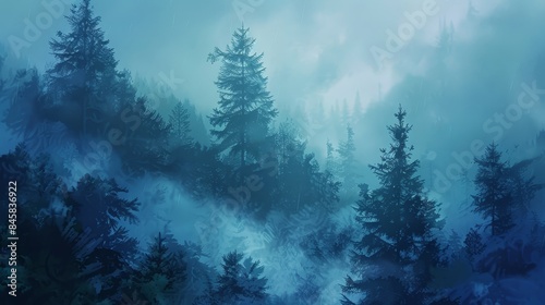 Misty Forest Landscape in Blue Hues - A digital painting depicting a misty forest with tall pine trees silhouetted against a blue sky, creating a serene and atmospheric scene. photo