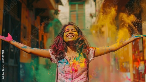 Vibrant celebration: happy indian woman joyfully throws colorful holi powder in the air
