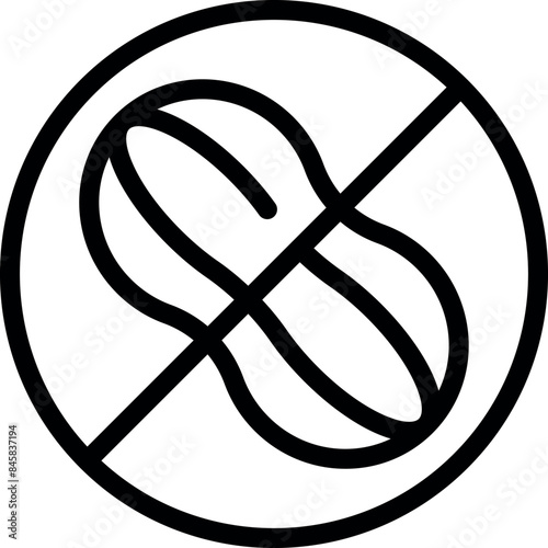 Simple black and white icon of a peanut inside a circle with a diagonal line through it