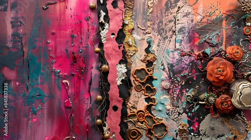 A textured, mixed media wall piece combining paint, fabric, and metal elements in an abstract composition