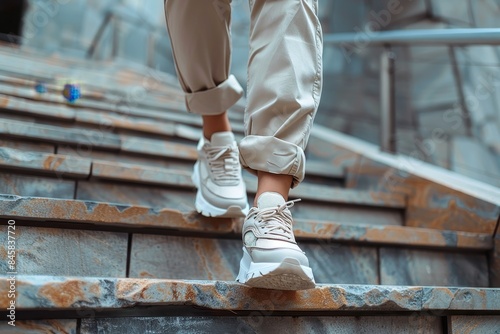 The image captures a low angle perspective of someone making their way up staircase, showcasing the urban setting and motion