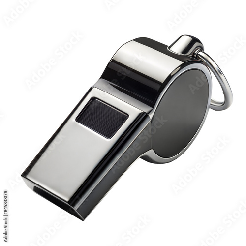 Closeup of a Silver Whistle With a Black Mouthpiece On Transparent Background