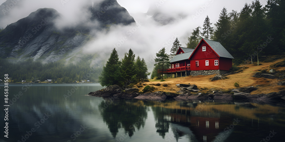 Fototapeta premium church in the mountains, Norwegian Culture Cottage Generative AI, Little red house in the woods near the lake Lone house in the forest AI
