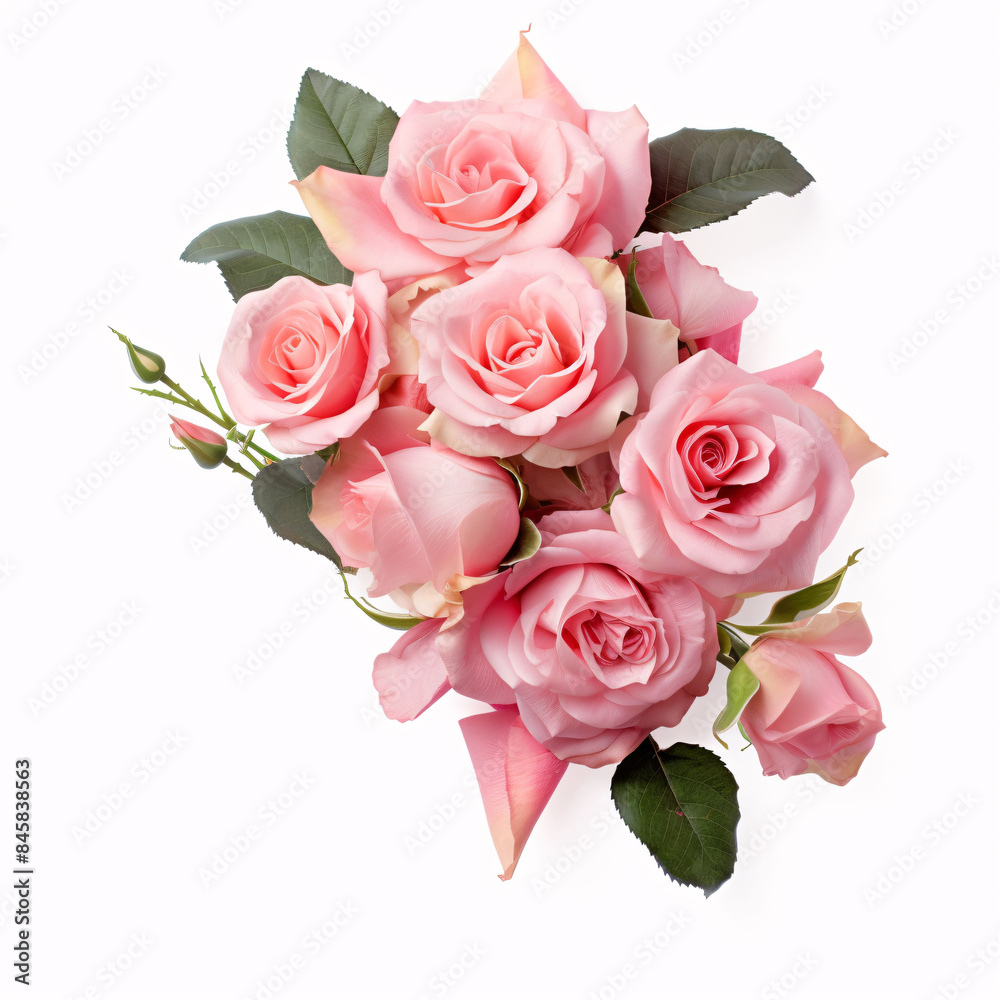 Pink rose flowers in a corner floral arrangement isolated on white background