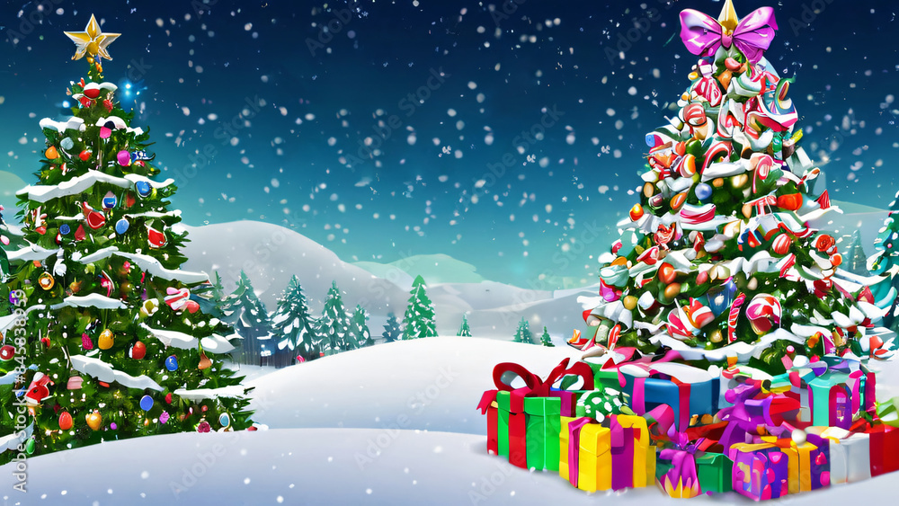 Obraz premium Snow-covered Christmas trees with colorful presents underneath.