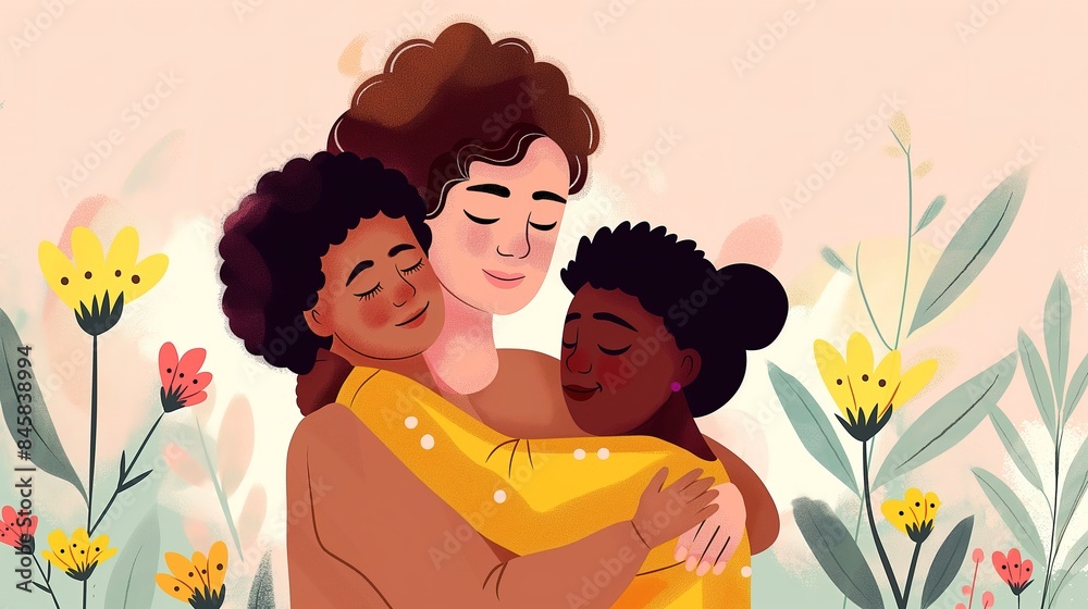 A mother and two children hugging. A mother and two children hugging.