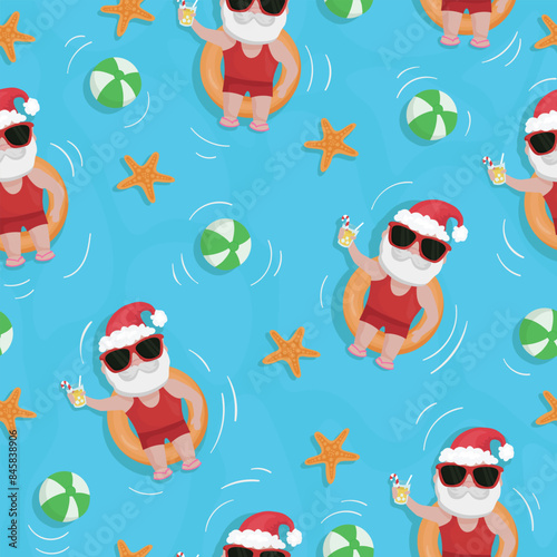 Santa Claus is resting in the pool seamless pattern. Vector illustration.