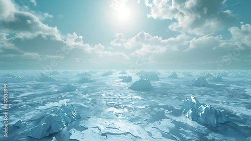 A vast expanse of icebergs floating in a frigid arctic sea, their jagged edges glistening in the polar sunlight