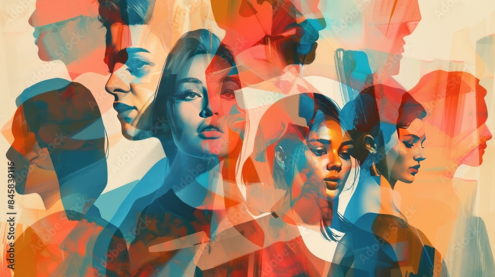 Fototapeta premium Creative layered people illustration showing diverse community unity and collaboration, conceptual design element