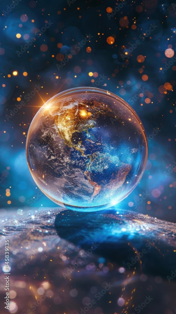 Glowing Earth In Glass Sphere. A stunning glass sphere containing a glowing representation of Earth, surrounded by a sparkling and mystical atmosphere. Glowing Earth In Glass Sphere. A stunning glass sphere containing a glowing representation of Earth, surrounded by a sparkling and mystical atmosphere.