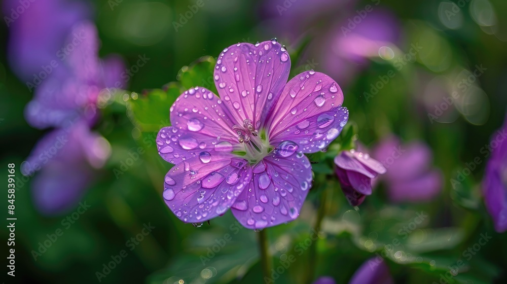 Close up of raindrops on a purple wildflower