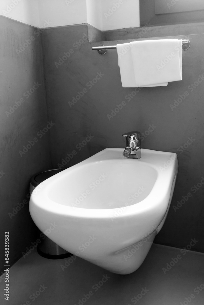 Fototapeta premium Modern Minimalist Bathroom Design with Wall-Mounted Bidet and Clean Aesthetic