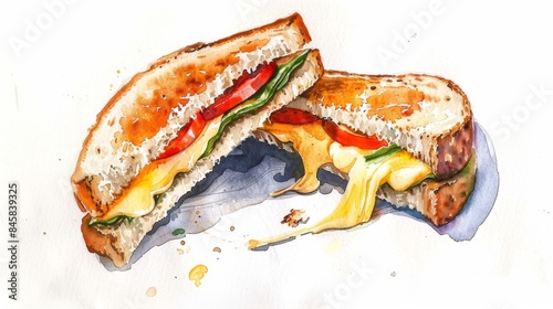A watercolor painting of a grilled cheese sandwich with melted cheese, tomato, and spinach on crusty bread.