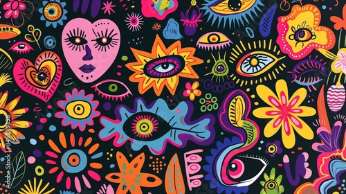 Wallpaper Mural Colorful collection of colorful psychedelic cartoon characters including eyes. doddle art background. Torontodigital.ca