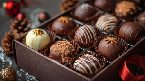 Closeup photo of open luxury chocolate box full of different flavored and shaped dark and white chocolate pieces for gift